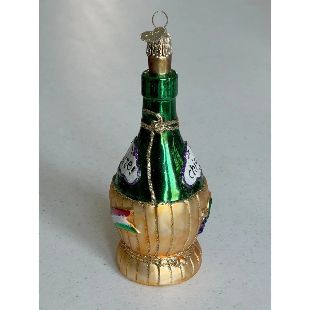 Old World Christmas Chianti Wine Bottle & Italy Flag Blown Glass Set2 Ornaments